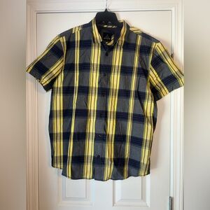Prana Shirt Men's XL Yellow Plaid Short Sleeve Slim Fit Organic Cotton Logo